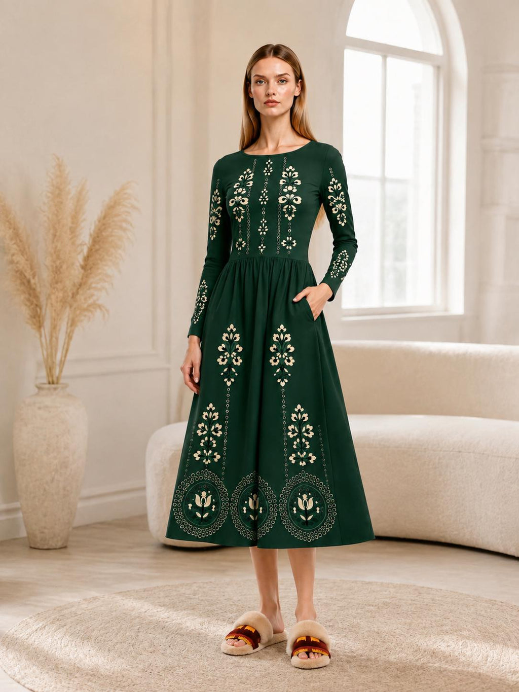 Burgundy Midi Dress with Eyelet-Inspired Floral Print, Long Sleeves and Pockets