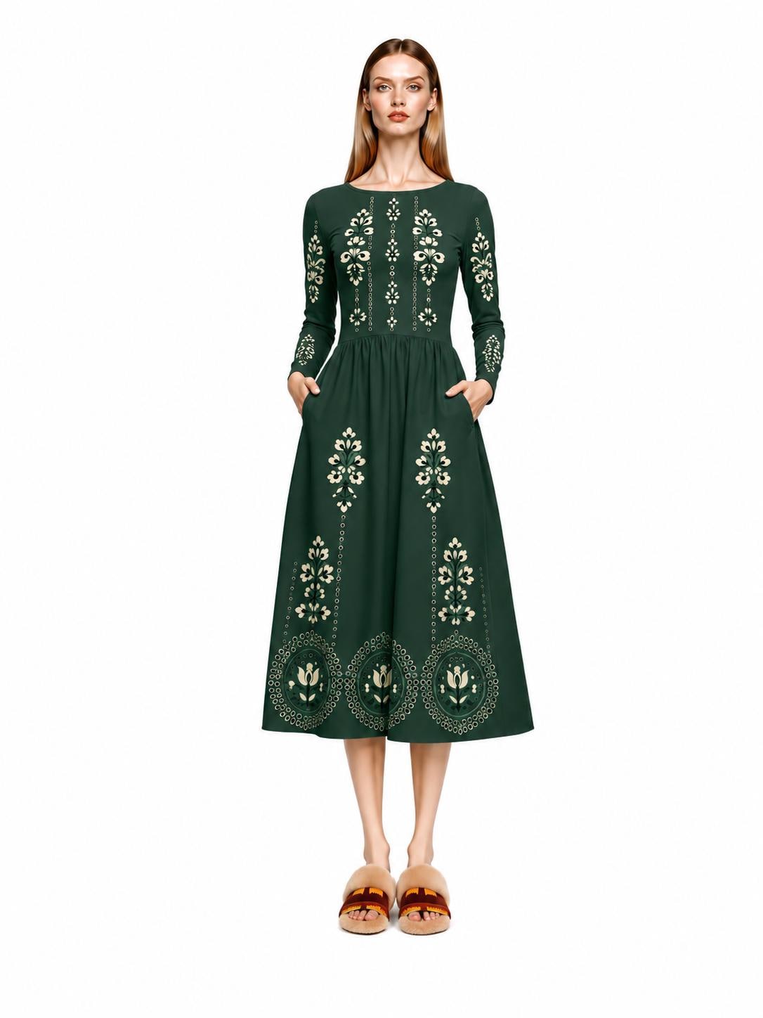 Burgundy Midi Dress with Eyelet-Inspired Floral Print, Long Sleeves and Pockets