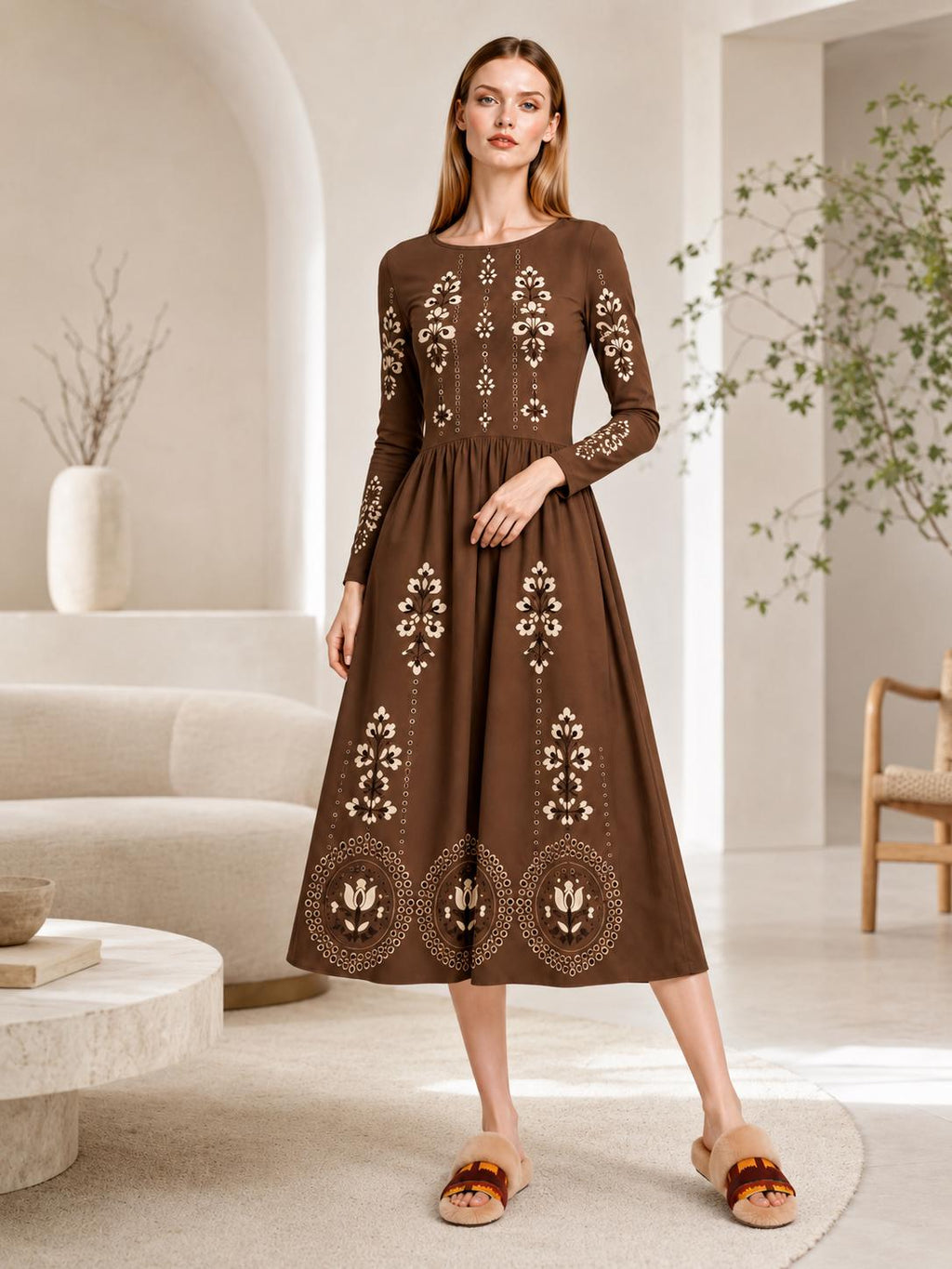 Burgundy Midi Dress with Eyelet-Inspired Floral Print, Long Sleeves and Pockets