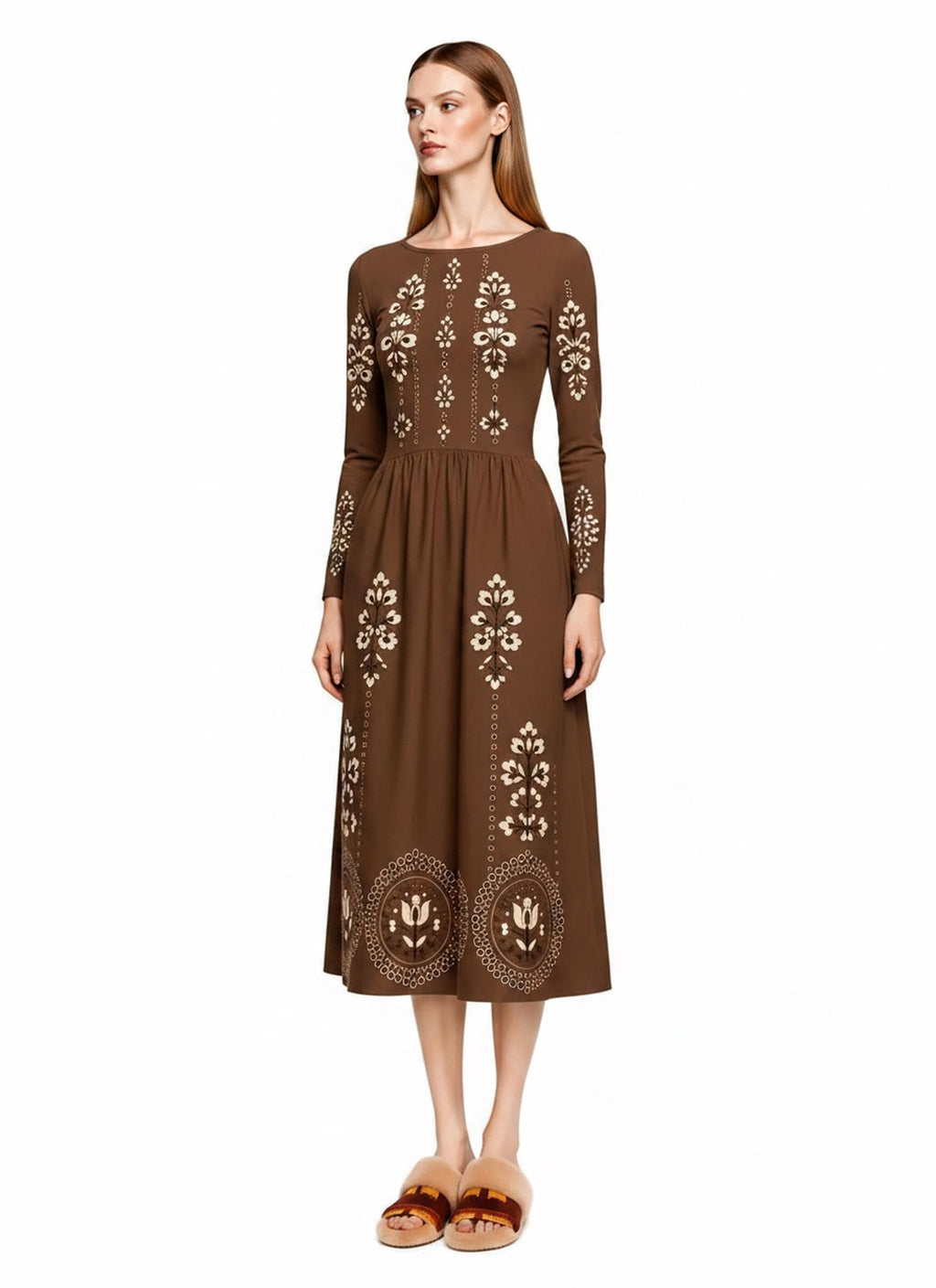 Burgundy Midi Dress with Eyelet-Inspired Floral Print, Long Sleeves and Pockets