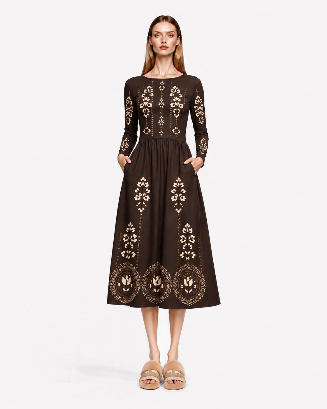 Burgundy Midi Dress with Eyelet-Inspired Floral Print, Long Sleeves and Pockets