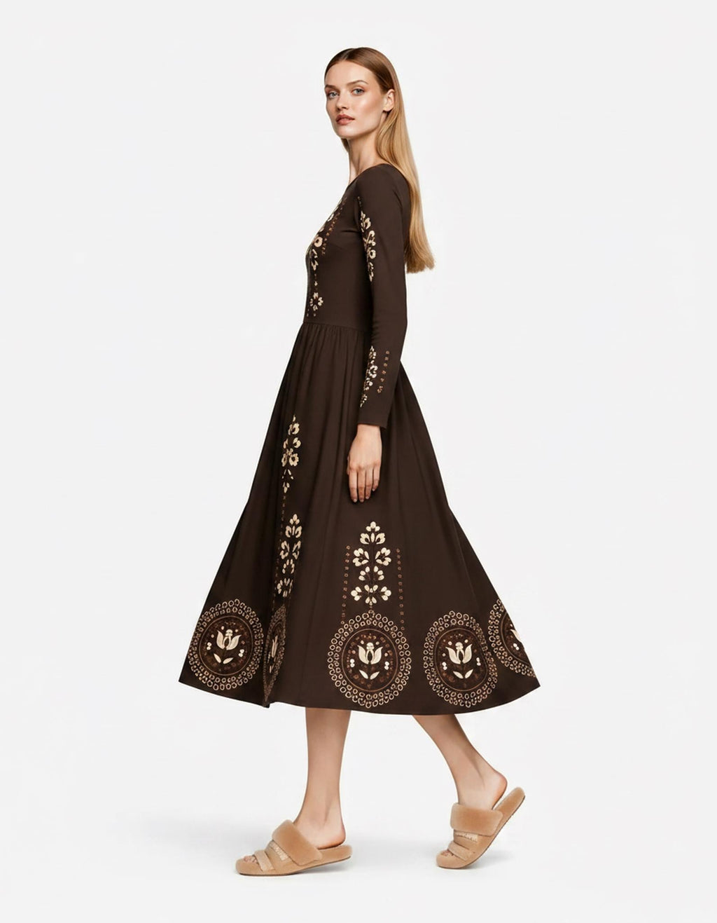 Burgundy Midi Dress with Eyelet-Inspired Floral Print, Long Sleeves and Pockets