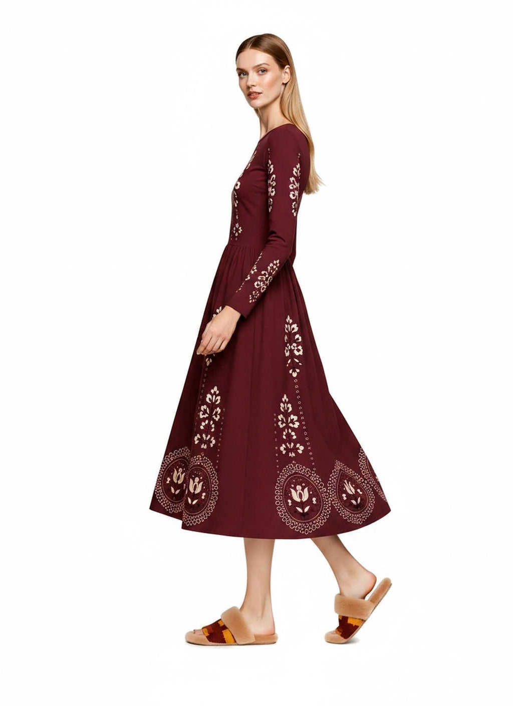 Burgundy Midi Dress with Eyelet-Inspired Floral Print, Long Sleeves and Pockets