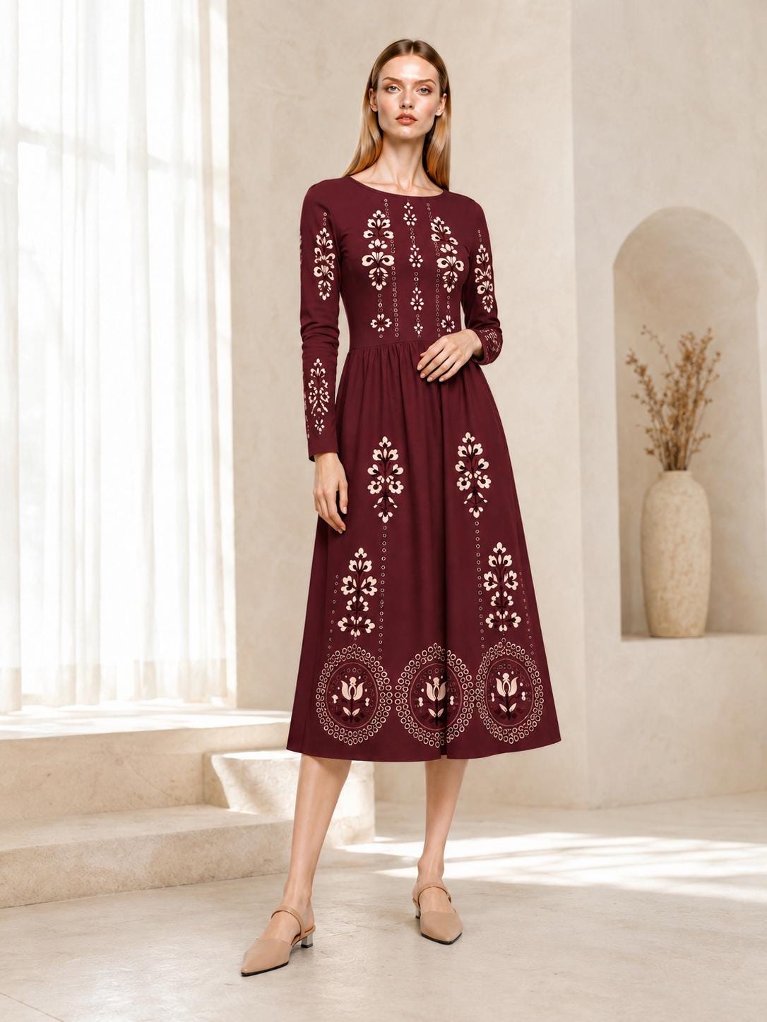 Burgundy Midi Dress with Eyelet-Inspired Floral Print, Long Sleeves and Pockets