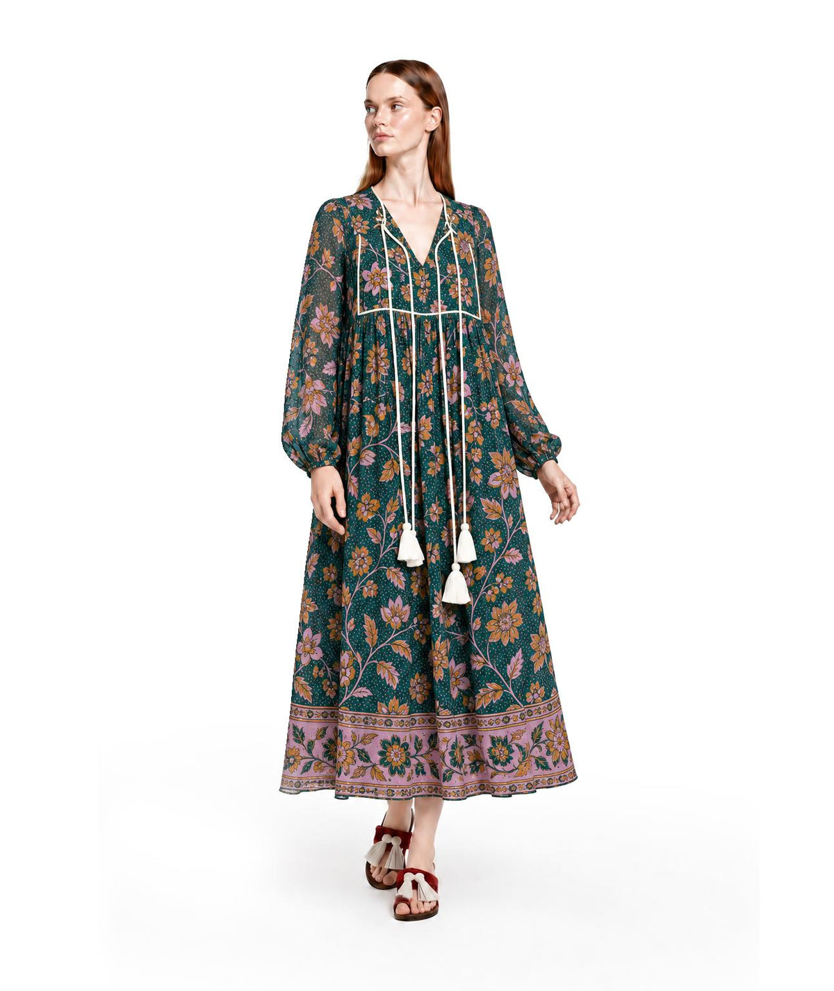 Floral Midi Dress in Dark Teal with Long Sleeves, Tassel Ties and Border Print
