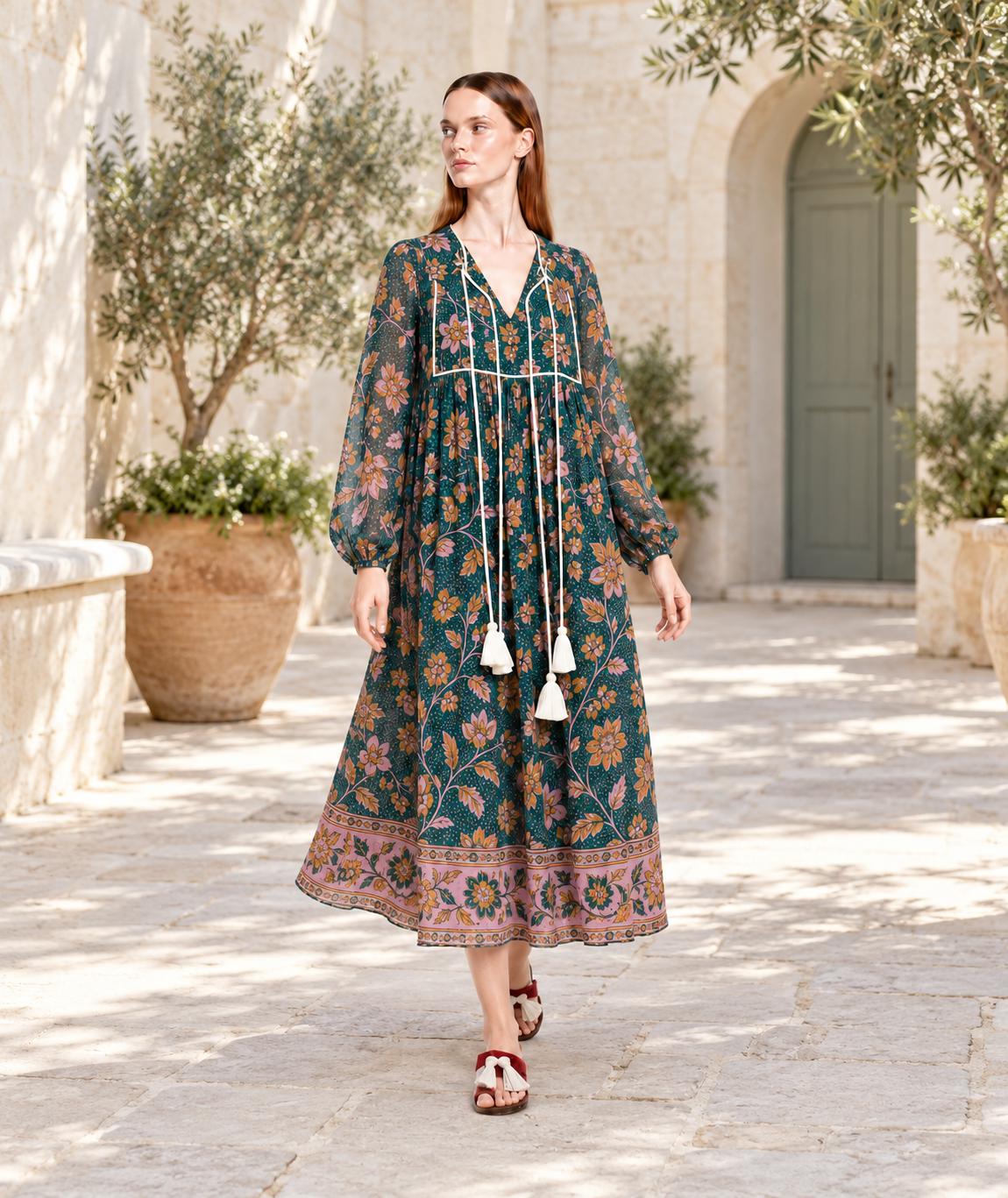 Floral Midi Dress in Dark Teal with Long Sleeves, Tassel Ties and Border Print