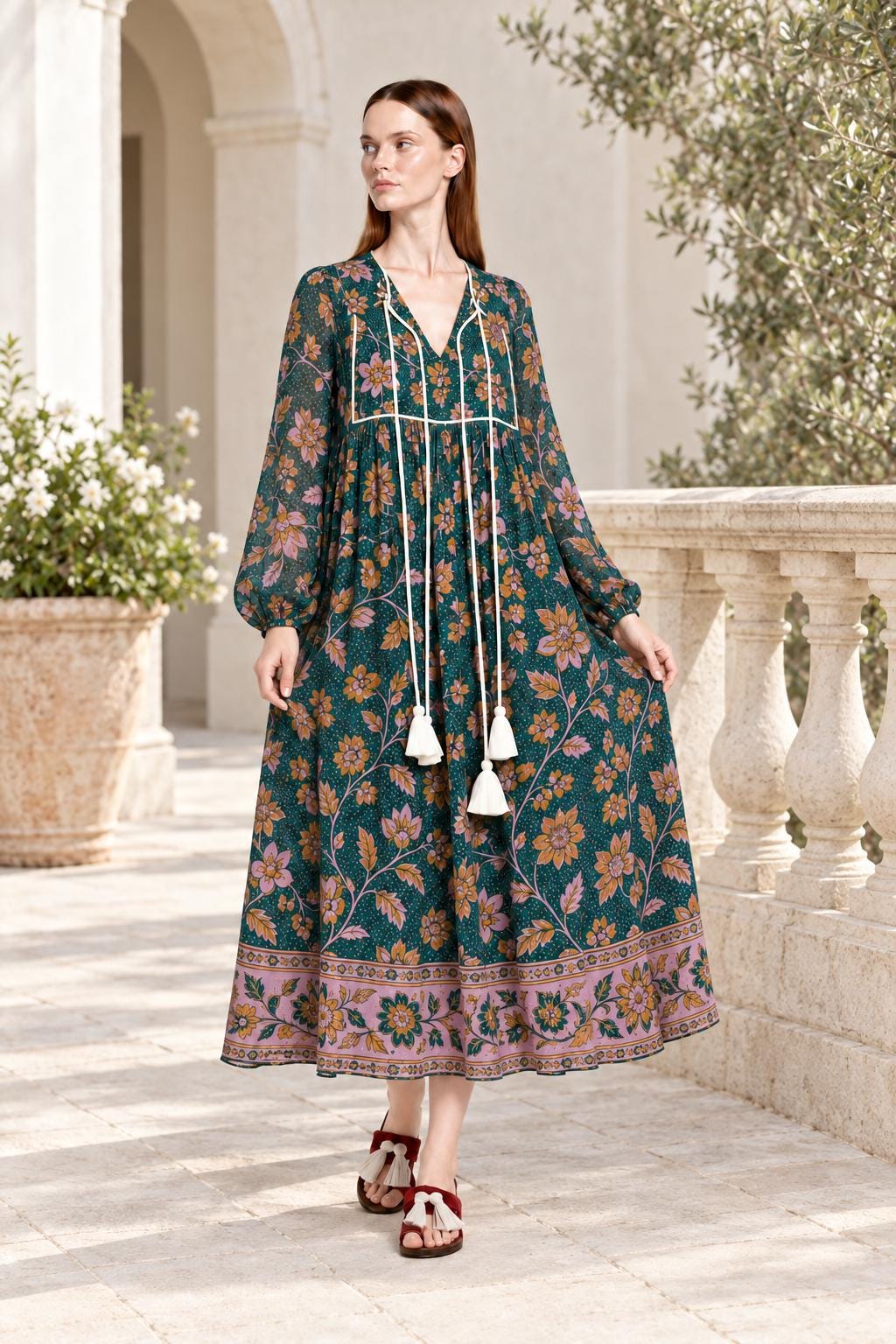 Floral Midi Dress in Dark Teal with Long Sleeves, Tassel Ties and Border Print