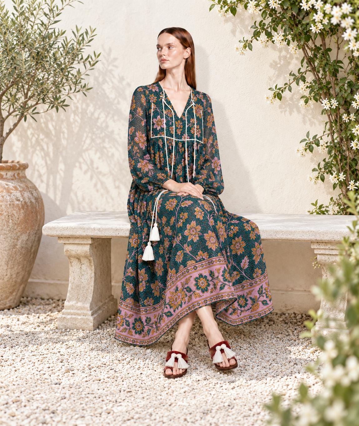 Floral Midi Dress in Dark Teal with Long Sleeves, Tassel Ties and Border Print