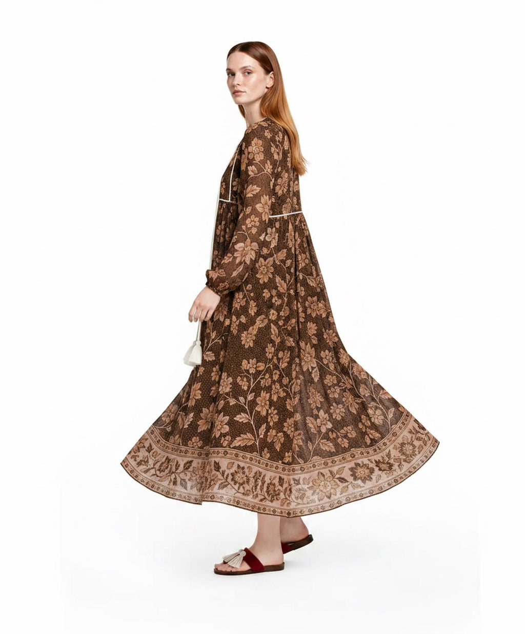 Floral Midi Dress in Dark Teal with Long Sleeves, Tassel Ties and Border Print