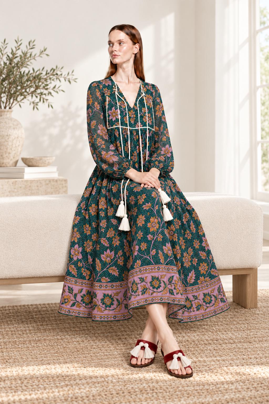Floral Midi Dress in Dark Teal with Long Sleeves, Tassel Ties and Border Print