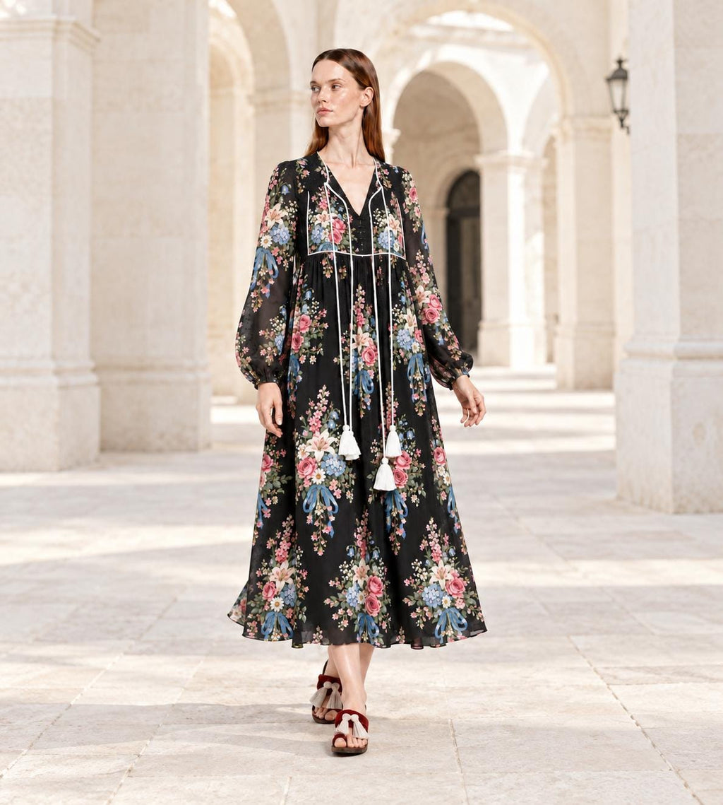 Black Floral Maxi Dress with Long Sleeves, Tassel Ties and Contrast Piping
