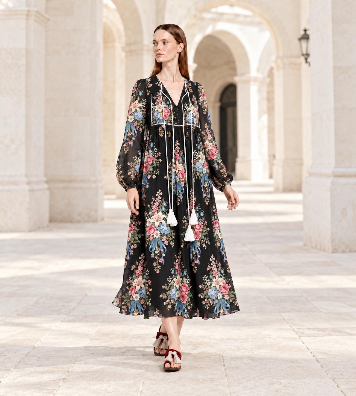 Black Floral Maxi Dress with Long Sleeves, Tassel Ties and Contrast Piping