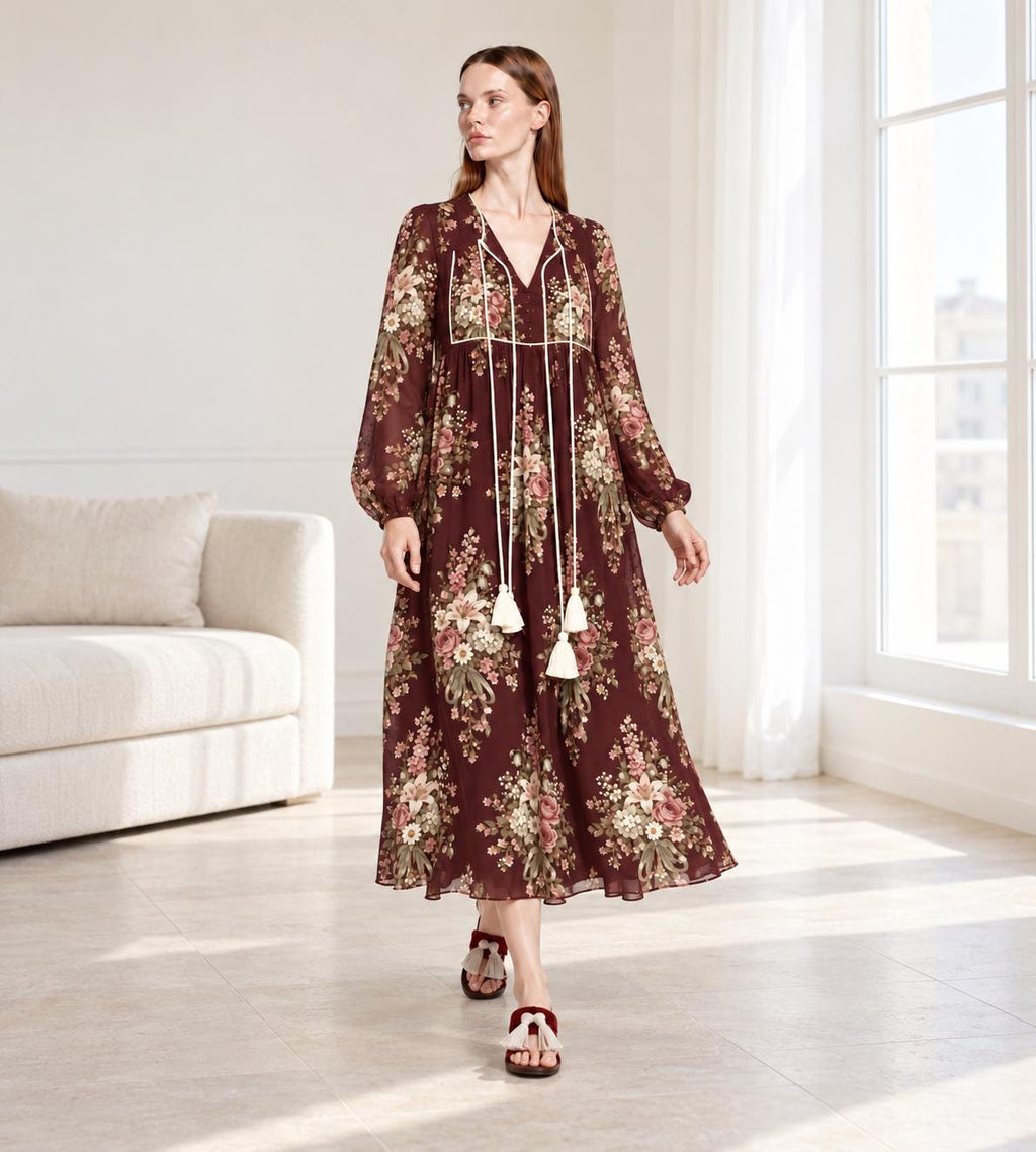 Black Floral Maxi Dress with Long Sleeves, Tassel Ties and Contrast Piping