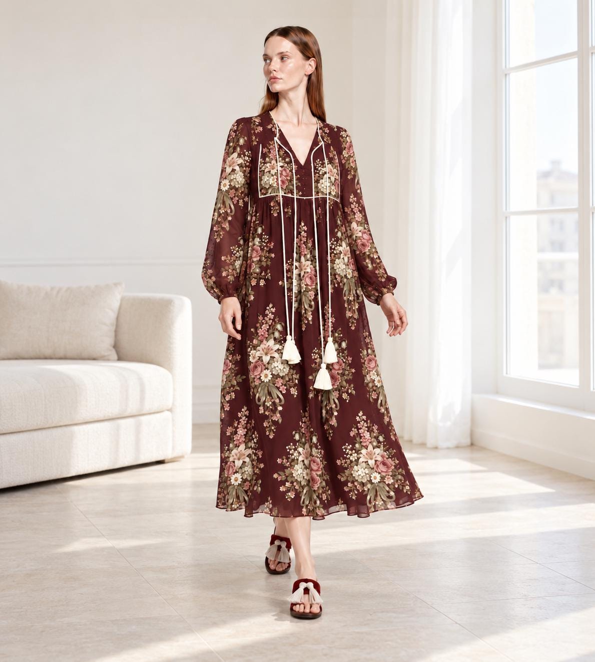 Black Floral Maxi Dress with Long Sleeves, Tassel Ties and Contrast Piping