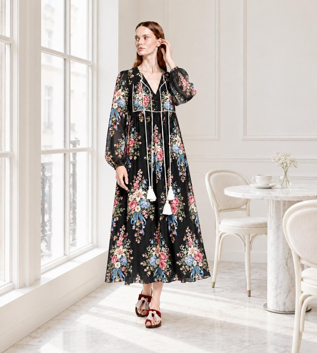 Black Floral Maxi Dress with Long Sleeves, Tassel Ties and Contrast Piping