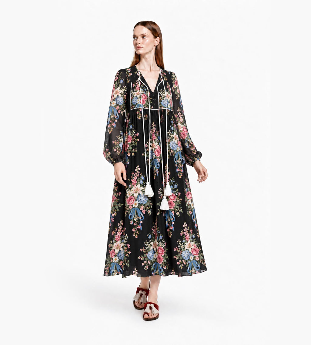 Black Floral Maxi Dress with Long Sleeves, Tassel Ties and Contrast Piping