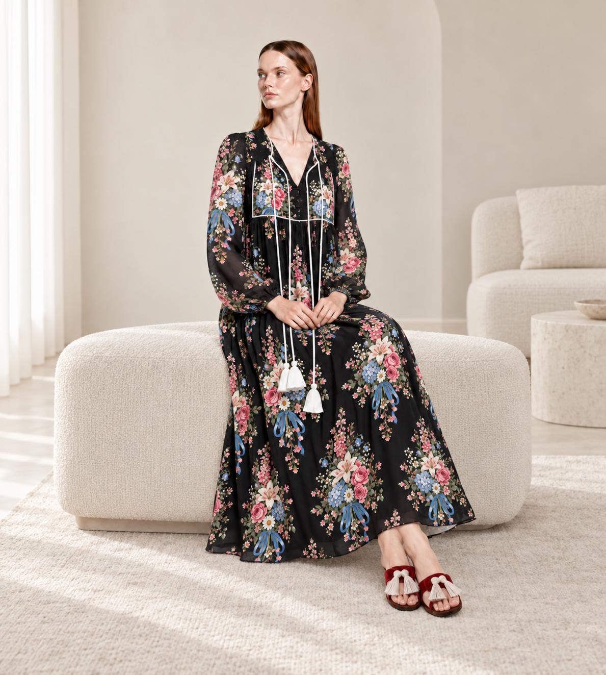 Black Floral Maxi Dress with Long Sleeves, Tassel Ties and Contrast Piping