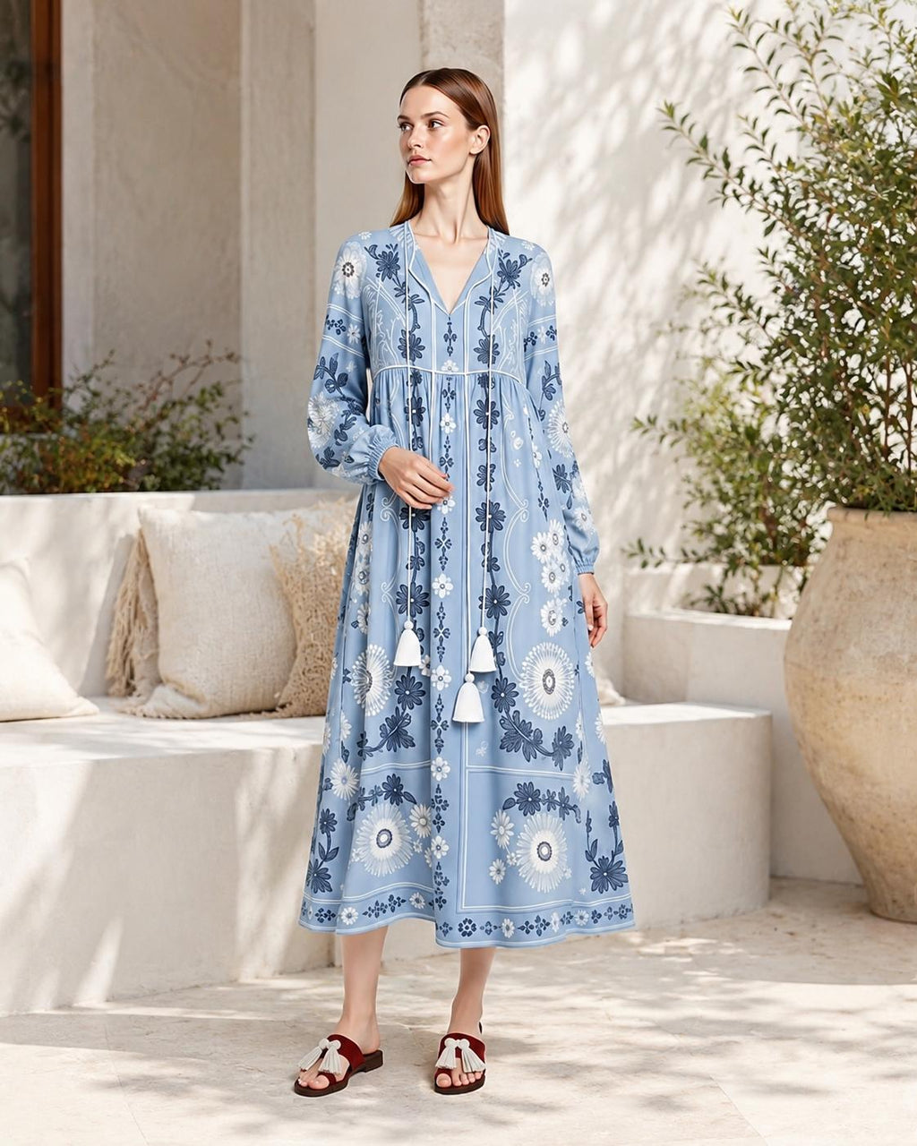 Light Blue Floral Chiffon Maxi Dress, Long Sleeve Tassel Tie Resort Wear