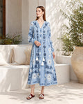 Light Blue Floral Chiffon Maxi Dress, Long Sleeve Tassel Tie Resort Wear