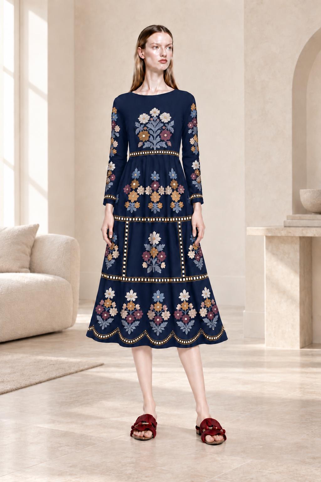 Navy Floral Midi Dress with Embroidery-Look Print, Long Sleeves and Scalloped Hem