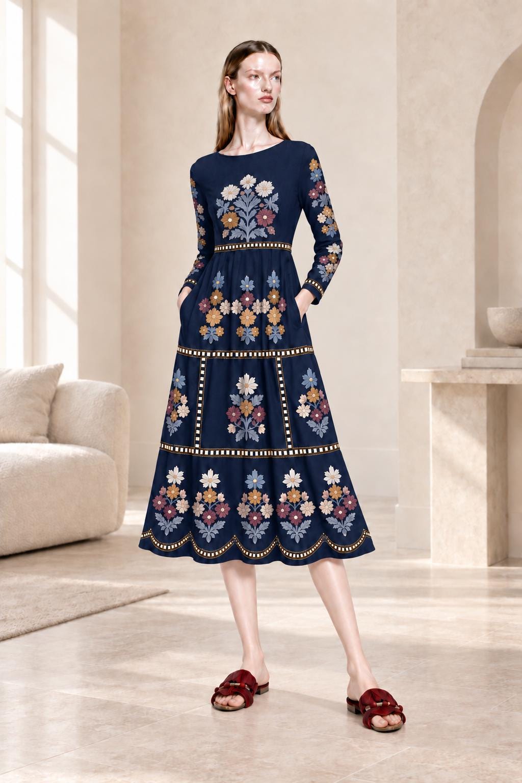 Navy Floral Midi Dress with Embroidery-Look Print, Long Sleeves and Scalloped Hem