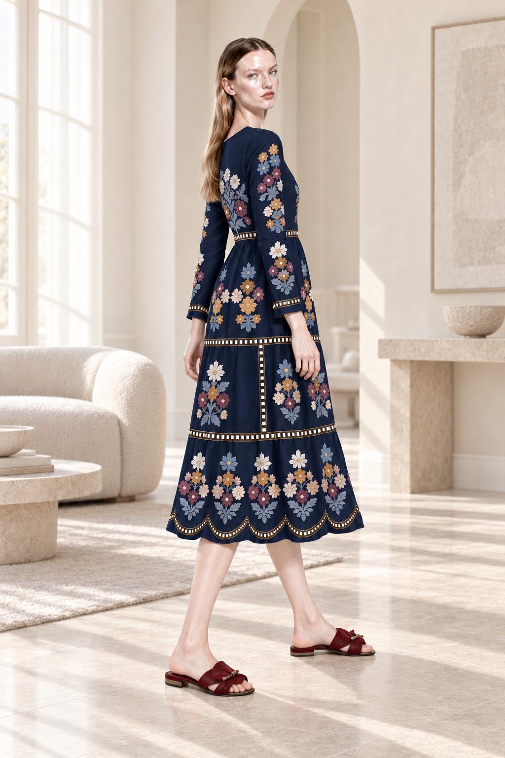 Navy Floral Midi Dress with Embroidery-Look Print, Long Sleeves and Scalloped Hem