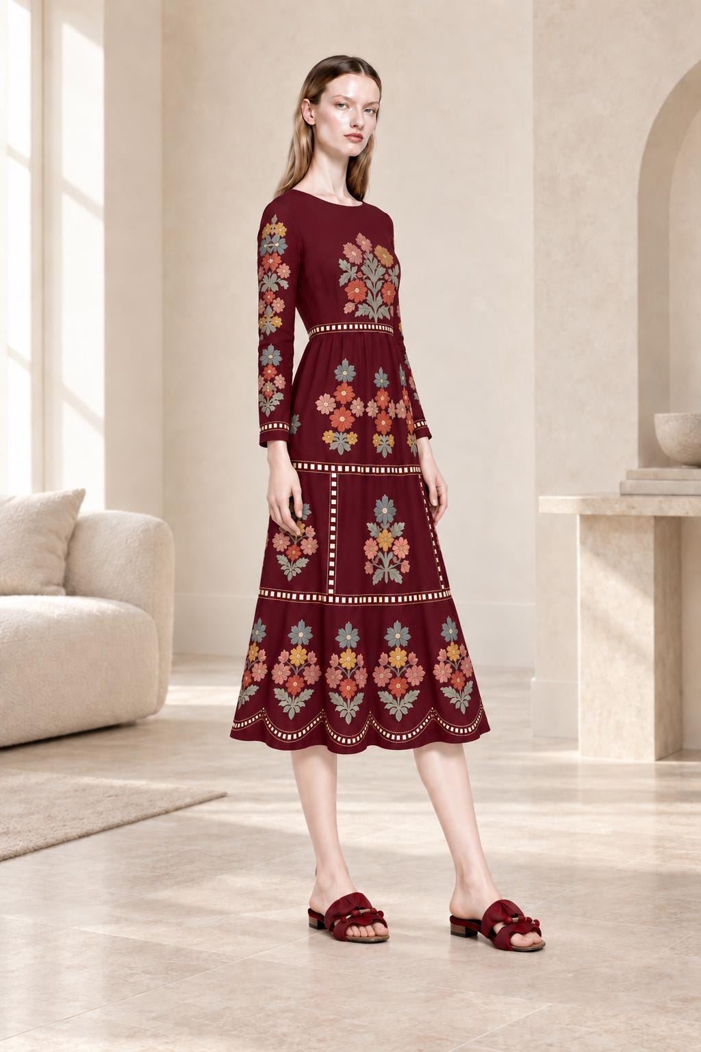 Navy Floral Midi Dress with Embroidery-Look Print, Long Sleeves and Scalloped Hem