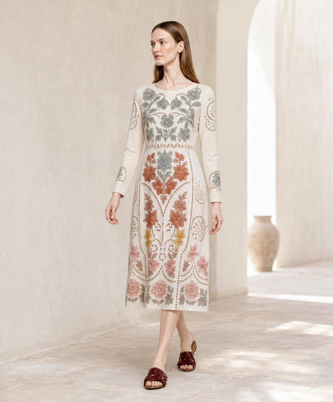 May include: A cream-colored midi dress featuring long sleeves and a round neckline. The garment is decorated with intricate floral embroidery in shades of sage green, terracotta, mustard yellow, and dusty pink, extending from the bodice to the hem.