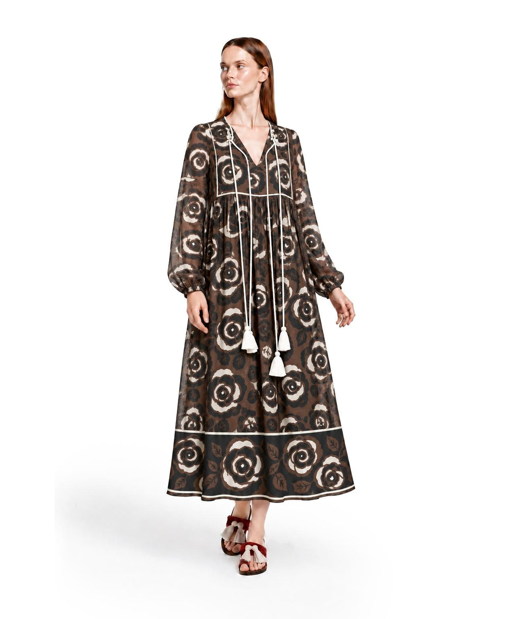 Brown Floral Maxi Dress with Long Sleeves, Tassel Ties and Contrast Piping