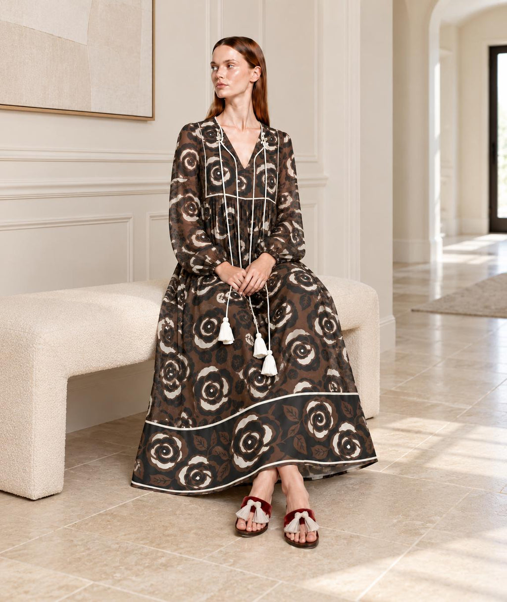 Brown Floral Maxi Dress with Long Sleeves, Tassel Ties and Contrast Piping