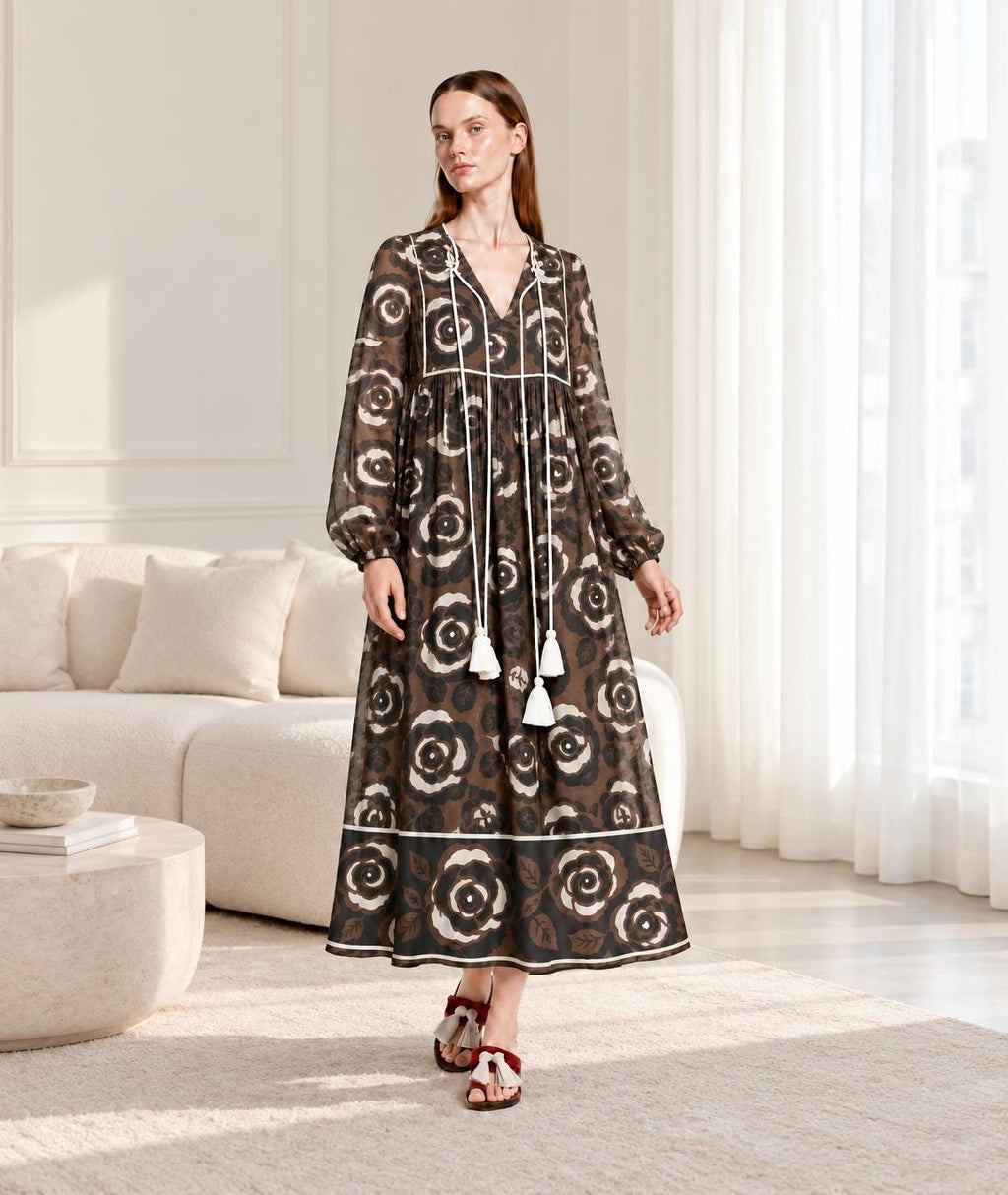 Brown Floral Maxi Dress with Long Sleeves, Tassel Ties and Contrast Piping