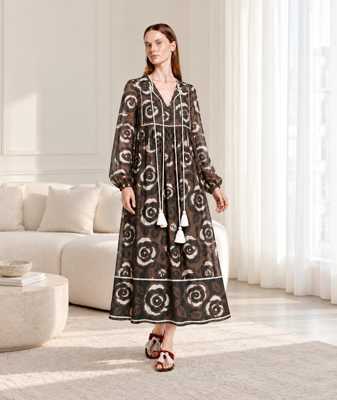 Brown Floral Maxi Dress with Long Sleeves, Tassel Ties and Contrast Piping