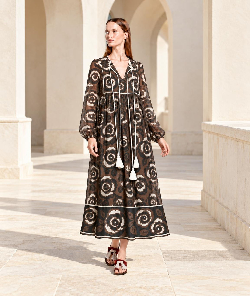 Brown Floral Maxi Dress with Long Sleeves, Tassel Ties and Contrast Piping