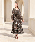 Brown Floral Maxi Dress with Long Sleeves, Tassel Ties and Contrast Piping