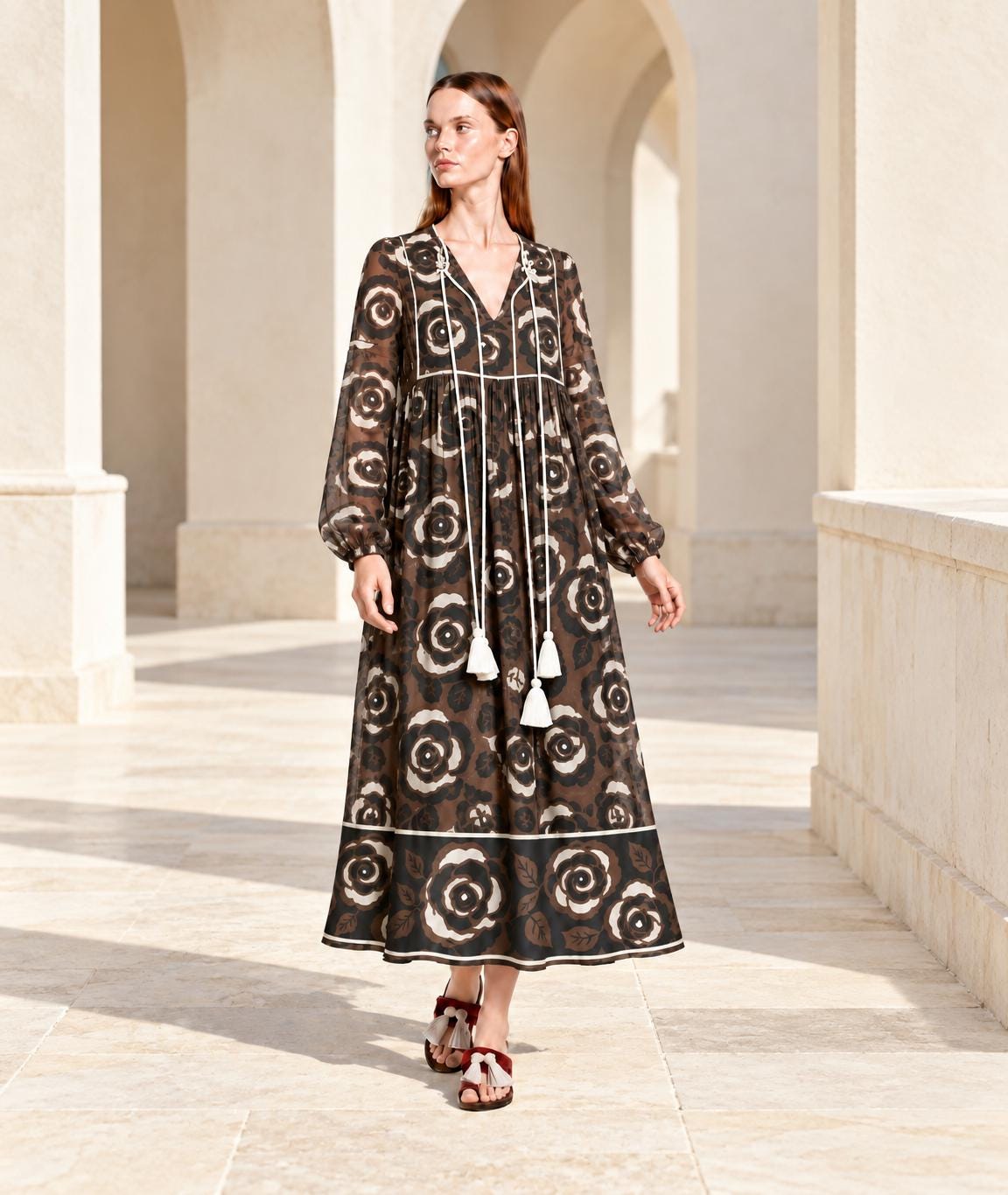Brown Floral Maxi Dress with Long Sleeves, Tassel Ties and Contrast Piping