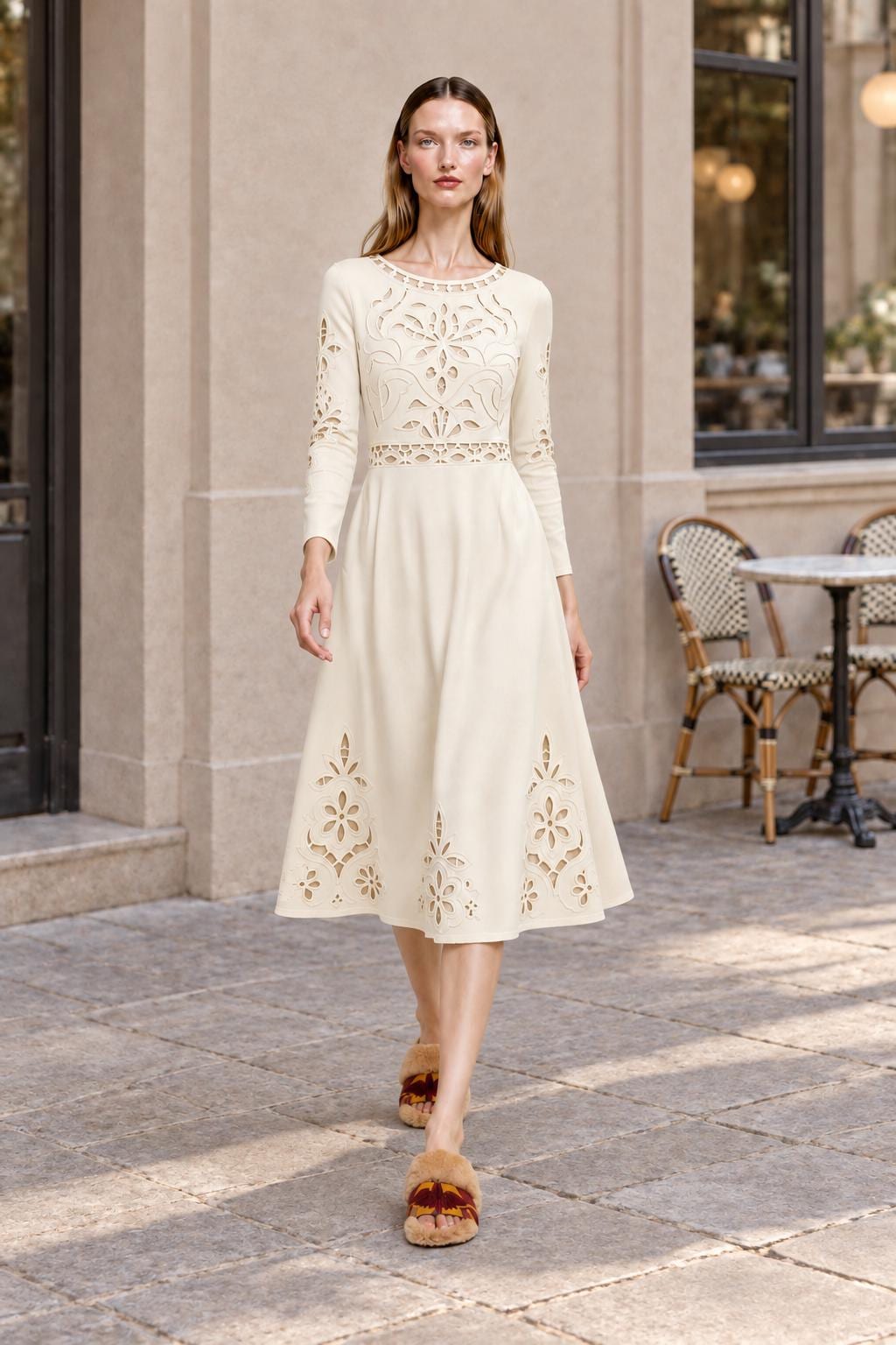 Ivory Midi Dress with Eyelet-Look Floral Print, Long Sleeves and Pockets