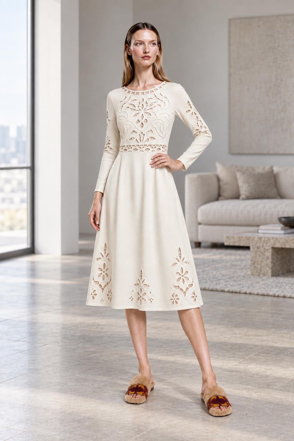 Ivory Midi Dress with Eyelet-Look Floral Print, Long Sleeves and Pockets