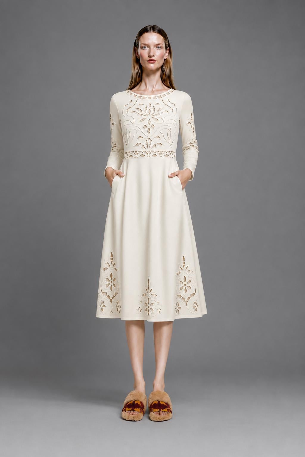Ivory Midi Dress with Eyelet-Look Floral Print, Long Sleeves and Pockets
