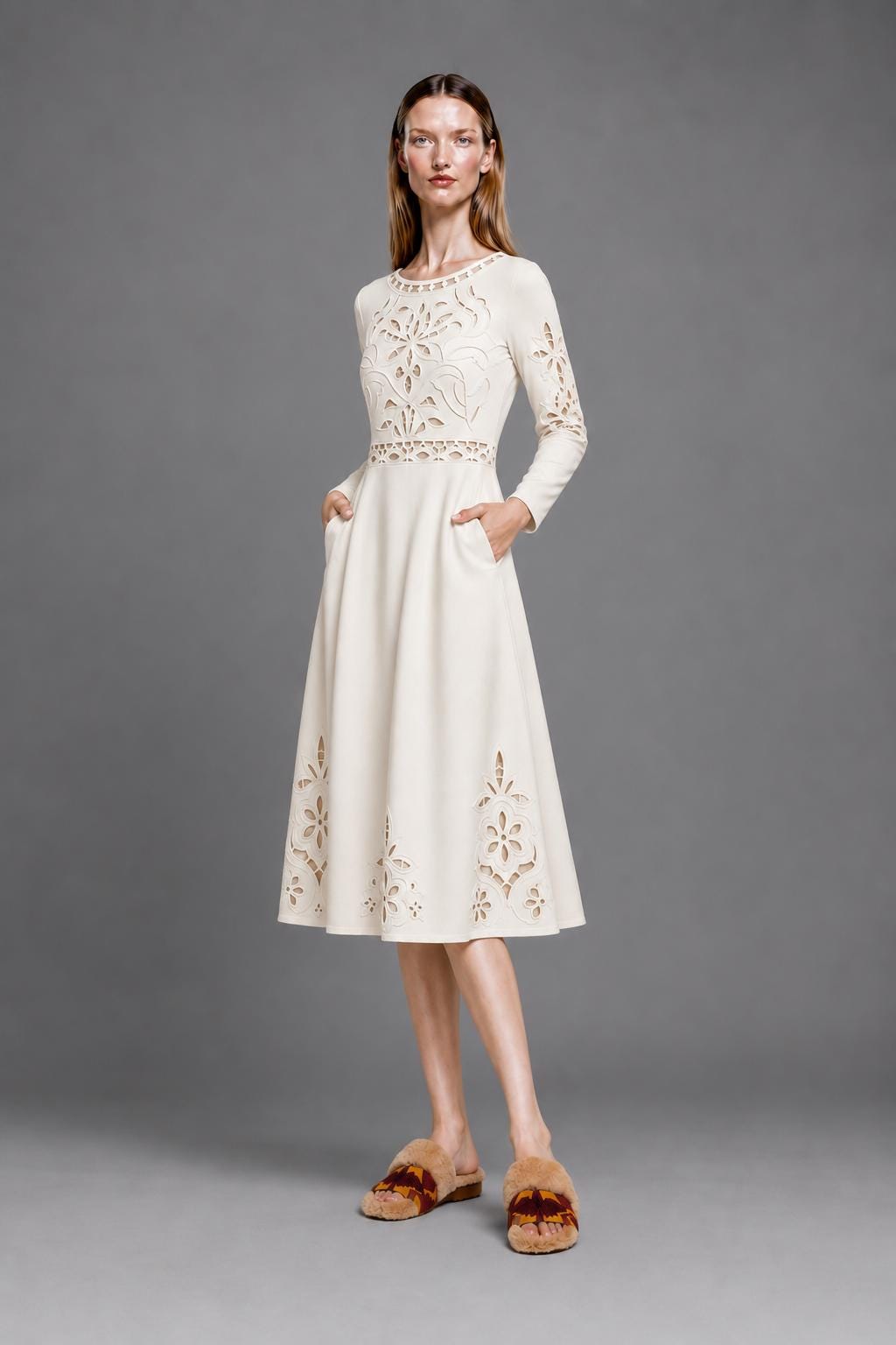 Ivory Midi Dress with Eyelet-Look Floral Print, Long Sleeves and Pockets