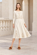Ivory Midi Dress with Eyelet-Look Floral Print, Long Sleeves and Pockets