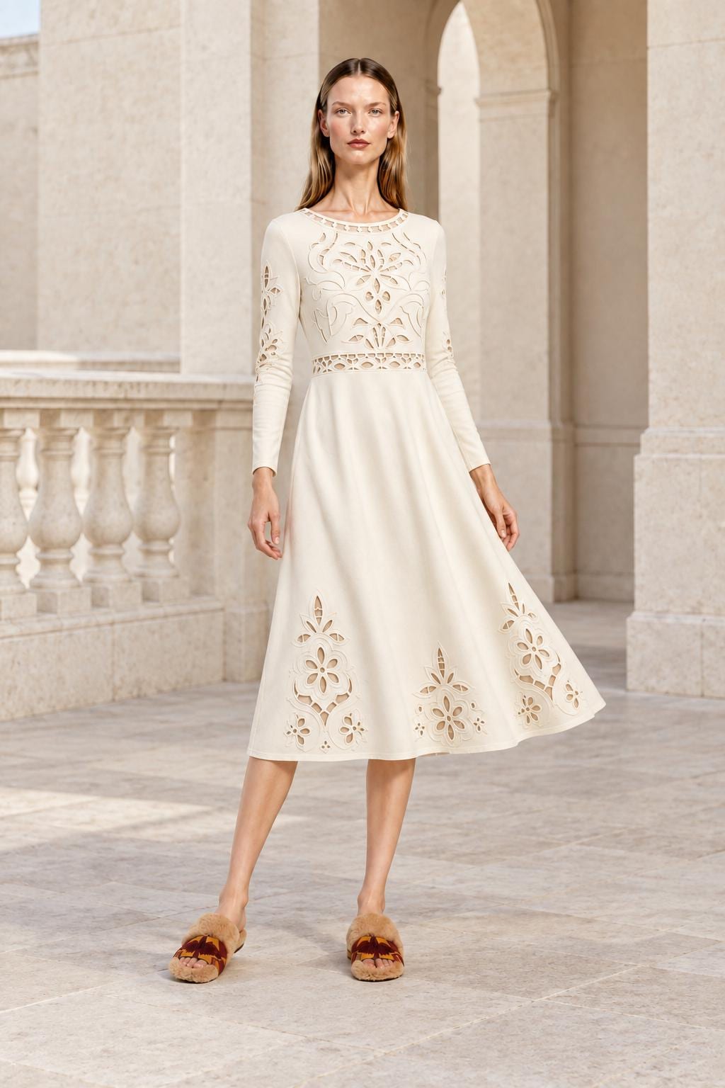 Ivory Midi Dress with Eyelet-Look Floral Print, Long Sleeves and Pockets