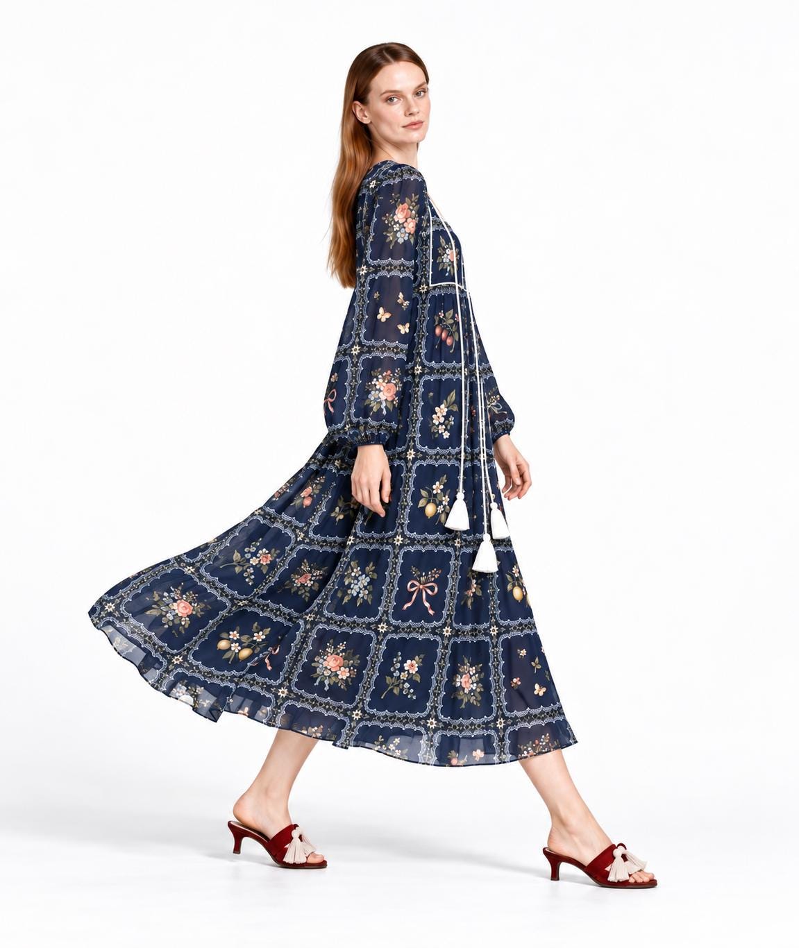 Navy Floral Maxi Dress with Lace-Look Print, Long Sleeves and Tassel Ties