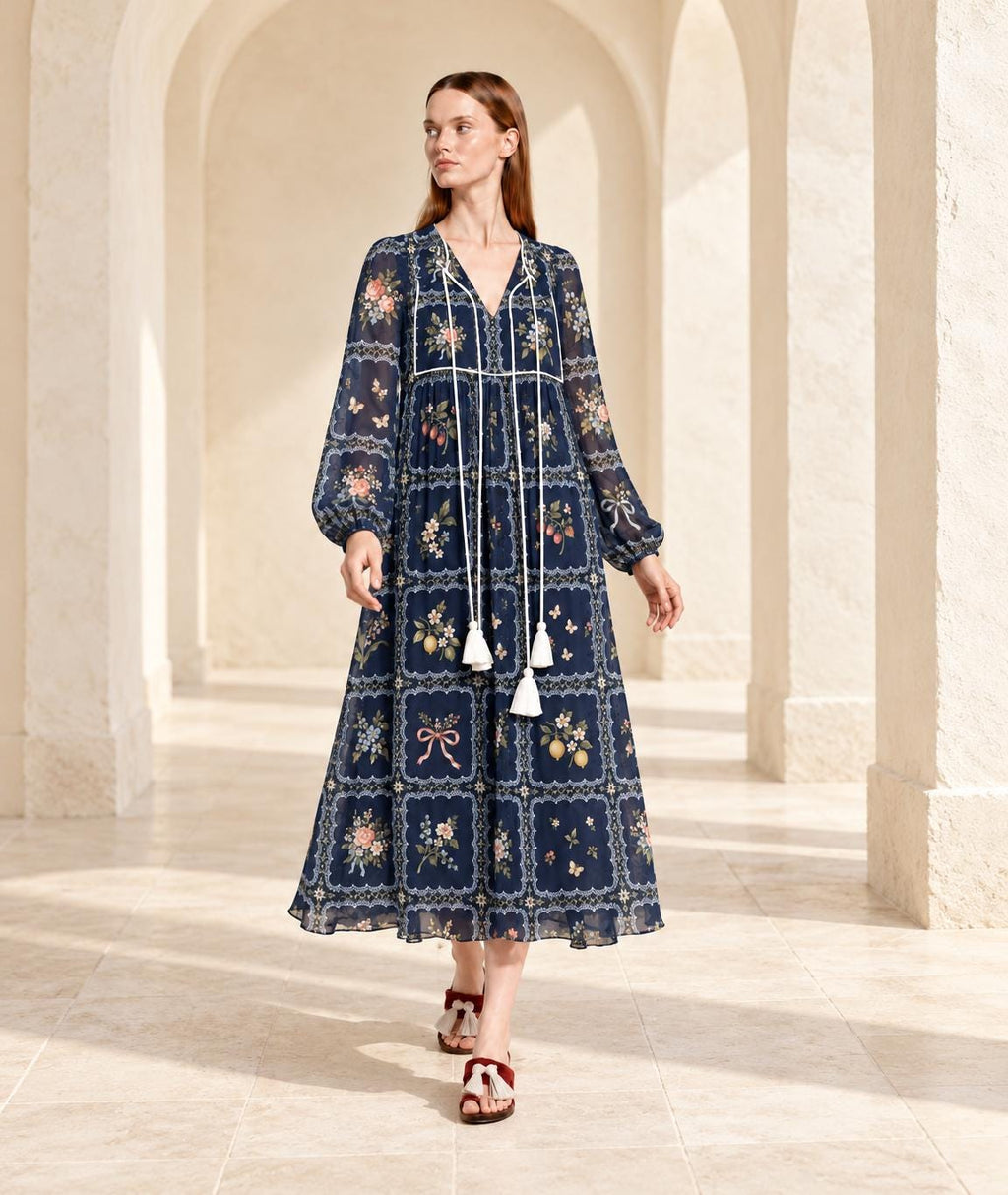 Navy Floral Maxi Dress with Lace-Look Print, Long Sleeves and Tassel Ties