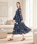 Navy Floral Maxi Dress with Lace-Look Print, Long Sleeves and Tassel Ties