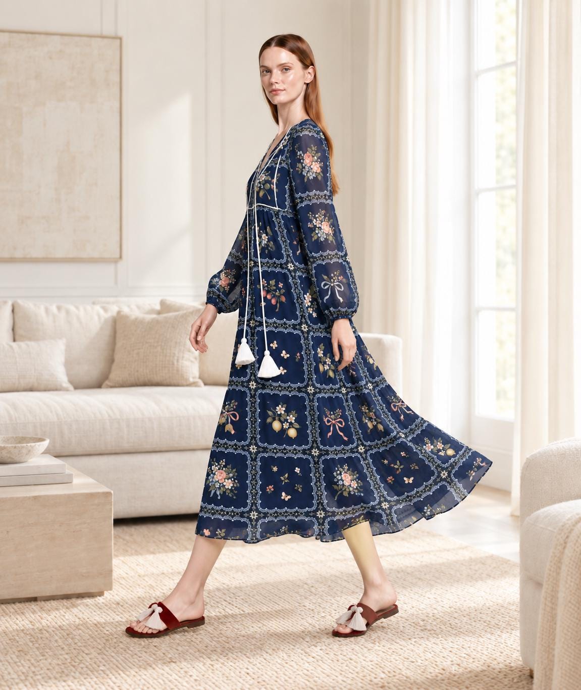 Navy Floral Maxi Dress with Lace-Look Print, Long Sleeves and Tassel Ties