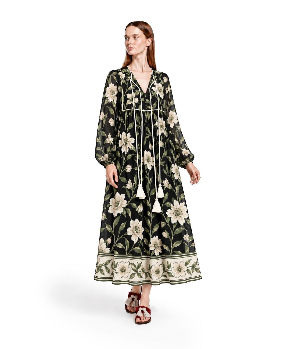 Black Floral Long Sleeve Dress with Ivory Botanical Border Print and V Neck