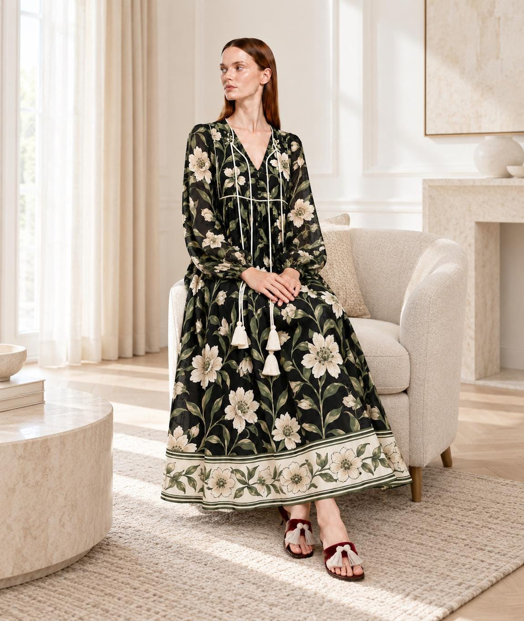 Black Floral Long Sleeve Dress with Ivory Botanical Border Print and V Neck