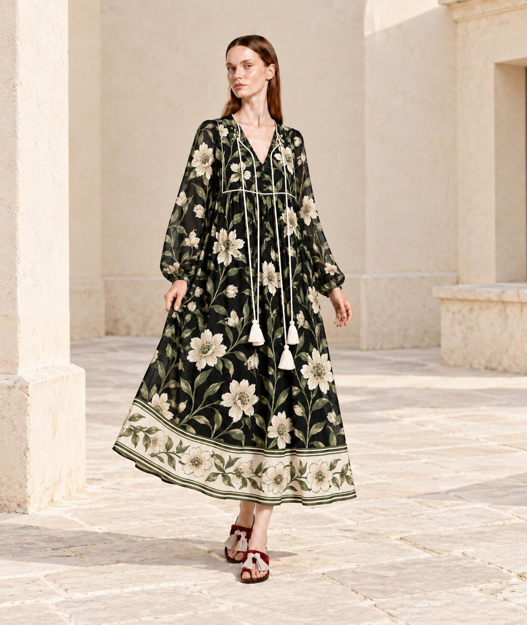 Black Floral Long Sleeve Dress with Ivory Botanical Border Print and V Neck