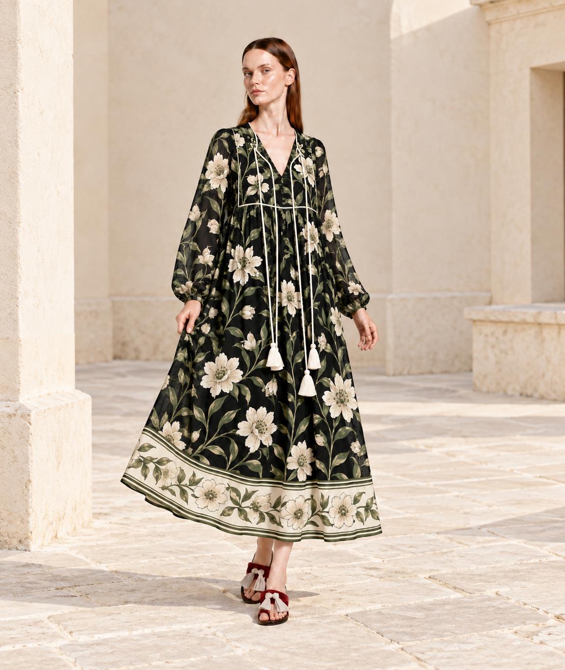 Black Floral Long Sleeve Dress with Ivory Botanical Border Print and V Neck