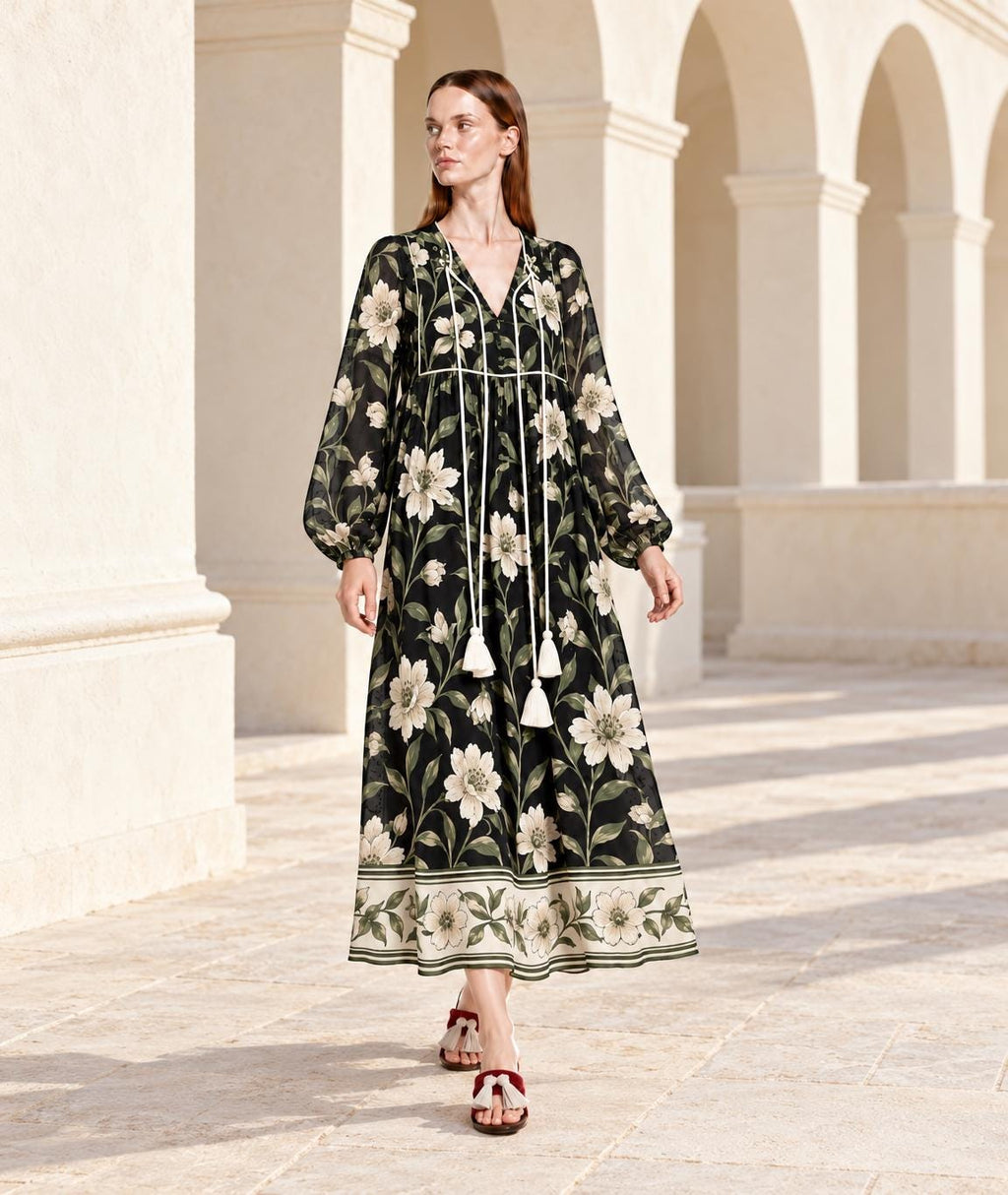 Black Floral Long Sleeve Dress with Ivory Botanical Border Print and V Neck